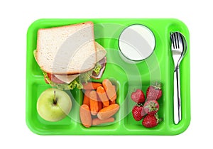 Serving tray with healthy food on white background, top view.