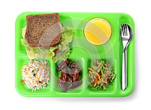 Serving tray with healthy food on white background, top view.