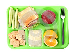 Serving tray with tasty healthy food isolated on white, top view. School dinner