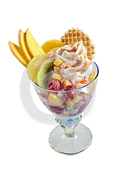 Serving of tropical fruit salad and ice-cream
