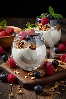 Serving of yogurt with fresh berries and granola AI generated