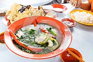 Serving of yong tau fu, Malaysia popular stuffed fish meat in vegetable and tofu.