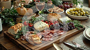 servingware decor, chic charcuterie platter adorned with antique-style serving tools and rustic touches, ideal for any photo