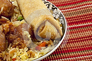 Sesame Chicken, Eggroll and Rice photo