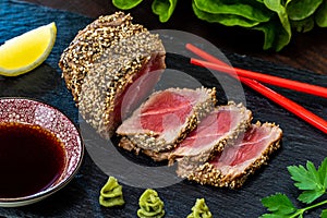 Sesame crusted Ahi tuna steak with wasabi and soy sauce