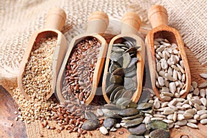 Sesame, flax, pumpkin and sunflower seeds photo