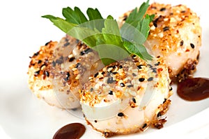 Sesame ginger scallop with hoisin sauce photo
