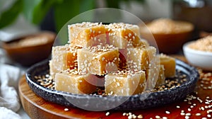 Sesame halva sprinkled with sesame seeds. Traditional oriental sweets. Concept of homemade confectionery, nutty fudge