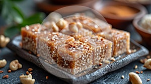 Sesame halva sprinkled with sesame seeds. Traditional oriental sweets. Concept of homemade confectionery, nutty fudge