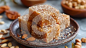 Sesame halva sprinkled with sesame seeds. Traditional oriental sweets. Concept of homemade confectionery, nutty fudge