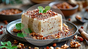 Sesame halva sprinkled with sesame seeds. Traditional oriental sweets. Concept of homemade confectionery, nutty fudge