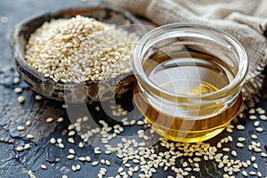 Sesame oil in glass bowl with sesame seeds