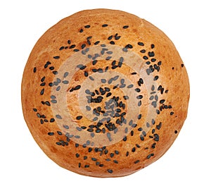 Sesame seed hamburger bun isolated on white. Burger Top view
