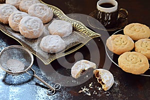 Sesame shortbread with date stuffing. Middle Eastern cookies. Eid and Ramadan Dates Sweets. Kahk. Arabian cuisine. Copy Space