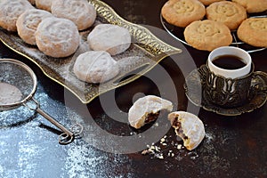 Sesame shortbread with date stuffing. Middle Eastern cookies. Eid and Ramadan Dates Sweets. Kahk. Arabian cuisine. Copy Space