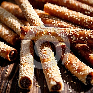 Sesame Sticks, fancy breadstick stack, baked food with seasme grains