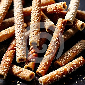 Sesame Sticks, fancy breadstick stack, baked food with seasme grains