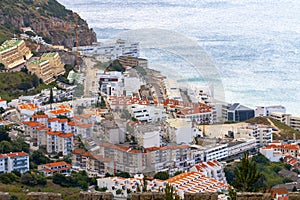 Sesimbra city general landscape seen from Sesimbra castle with the Atlantic ocean far beyond