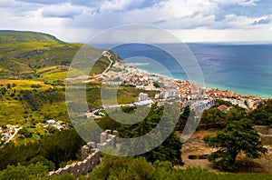 Sesimbra city general landscape seen from Sesimbra castle with the Atlantic ocean far beyond