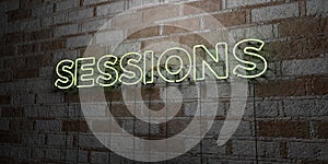 SESSIONS - Glowing Neon Sign on stonework wall - 3D rendered royalty free stock illustration