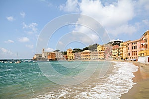 Sestri Levante, Liguria: Seaside with old town and beach Baia del Silenzio - Bay of Silence, Italy