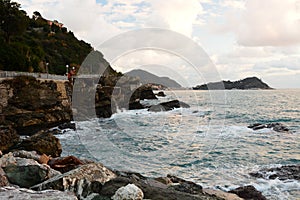 Sestri Levante peninsula as seen from the rocks by the sea. Cavi di Lavagna. Liguria. Italy