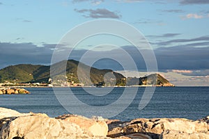 Sestri Levante promontory, as seen from Lavagna. Tigullio gulf. Liguria. Italy photo