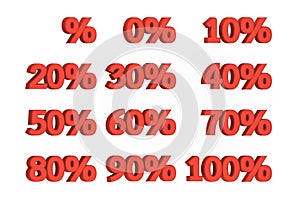 Set of 0% - 100% red percent sale label isolated on white background, discount promotion symbol