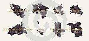 Set 1 of 2 Highly detailed maps vector silhouettes states of Germany with names and capital