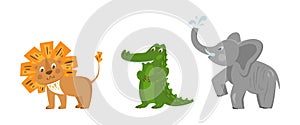 Set 1 of cute animals collection: loin, crocodile, elephant. African animals