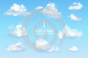 Set 1 of transparent different clouds isolated on blue background. Real transparency effect. Vector illustration EPS10