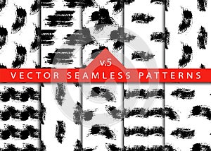 Set 10 Abstract Brush Seamless Patterns Stripe and Stroke Background in Black Color. Geometrical Shape Design Elements