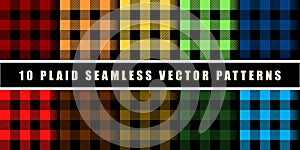 Set 10 Check Plaid Seamless Pattern in Blue, Crimson, Red, Green and Orange Colors. Template for Clothing Fabrics. Trendy Colors