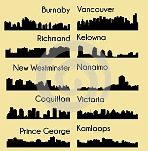 Set of 10 City silhouette in British Columbia, Canada ( Vancouver, Burnaby, Kelowna, Nanaimo, Kamloops, Prince George )