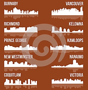 Set of 10 City silhouette in British Columbia, Canada ( Vancouver, Burnaby, Kelowna, Nanaimo, Kamloops, Prince George )