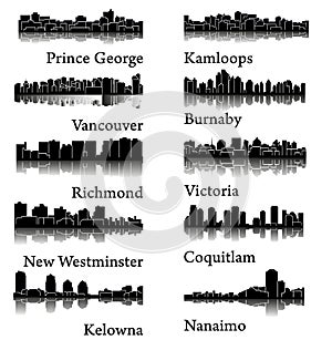 Set of 10 City silhouette in British Columbia, Canada ( Vancouver, Burnaby, Kelowna, Nanaimo, Kamloops, Prince George )