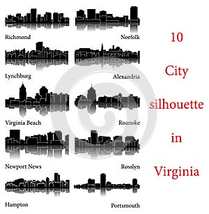 Set of 10 City Silhouette in Virginia ( Richmond, Norfolk, Roanoke, Portsmouth, Virginia Beach, Hampton, Lynchburg )