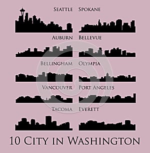 Set of 10 City Silhouette in Washington ( Seattle, Olympia, Auburn, Vancouver, Takoma, Spokane, Bellevue, Everett )