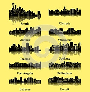 Set of 10 City Silhouette in Washington ( Seattle, Olympia, Auburn, Vancouver, Takoma, Spokane, Bellevue, Everett )