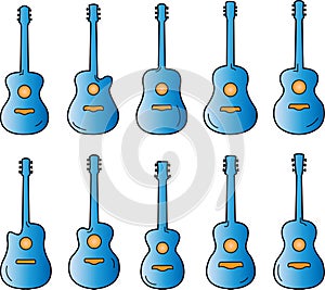 Set of 10 colored acoustic guitars in various shapes