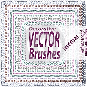 Set of 10 hand drawn decorative vector brushes with inner and outer corner tiles. Dividers, borders, ornaments
