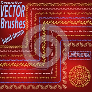 Set of 10 hand drawn decorative vector brushes with inner and outer corner tiles. Dividers, borders, ornaments