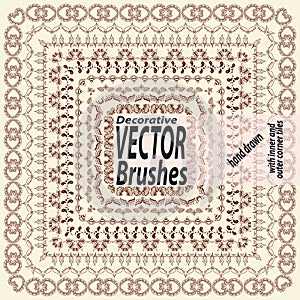 Set of 10 hand drawn decorative vector brushes with inner and outer corner tiles. Dividers, borders, ornaments. Indian