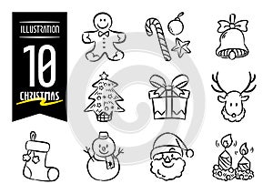 Set of 10 hand-drawn pop-style icon illustrations with christmas motifs