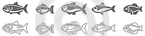 Set of 10 minimal fish icons showing aquatic animals with various fins, scales