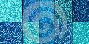 Set of 10 seamless vector patterns of spirals, waves and corners.Abstract seamless texture of curls and flowing lines