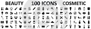 Set 100 beauty spa cosmetology icons with face, eye, legs, cream, oil, moisturizer, make up, nail polish, face cleanser. Beauty