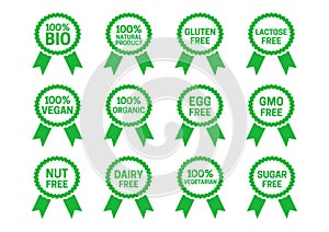 Set of 100% Bio, Natural, Organic, Vegan, Vegetarian Badge Flat Icon Collection Isolated
