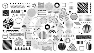 Set of 100 geometric shapes. Memphis design, retro elements for web, vintage, advertisement, commercial banner, poster, leaflet,