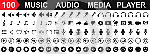 Set 100 media player control icons, music, sound and cinema icon set, interface multimedia symbols video and audio, media player